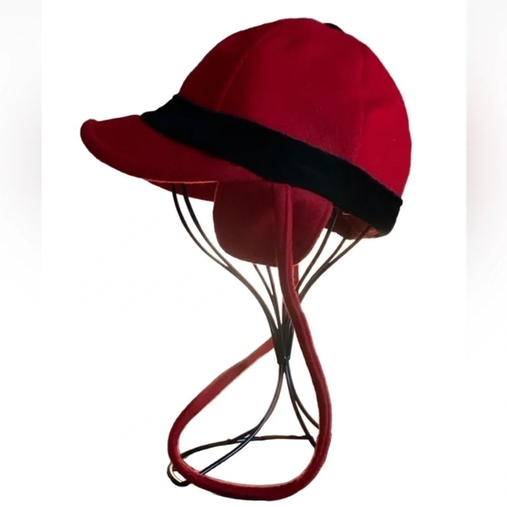 Kid’s dressy red trapper style hat with black velvet trim